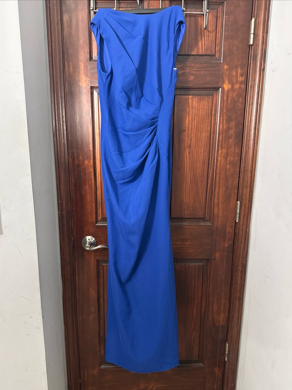 After Six Sleeveless Cap Shoulder Crepe Maxi Trumpet Cobalt/Blue Dress Size:2R